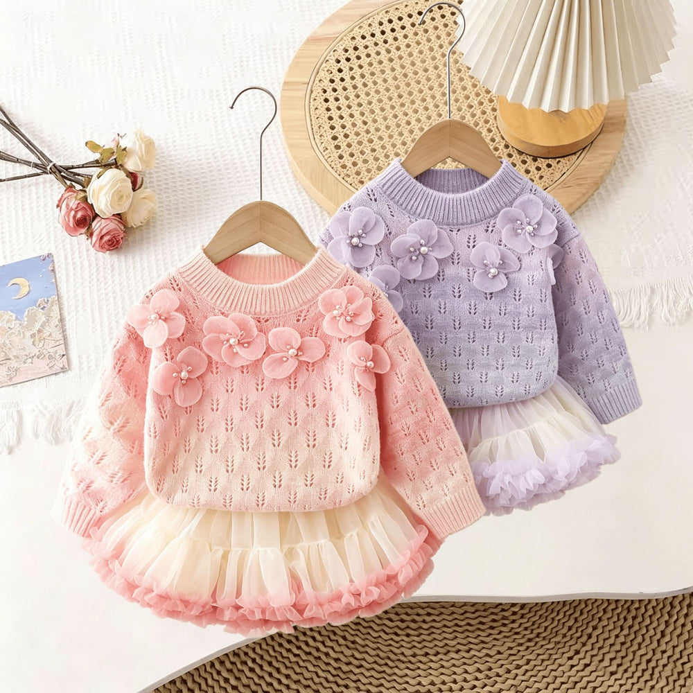 Girlsweaterspring & fallsense of design beaded flower bottom shirt gradient color sweateroutwear lazy soft waxytwo-piece set