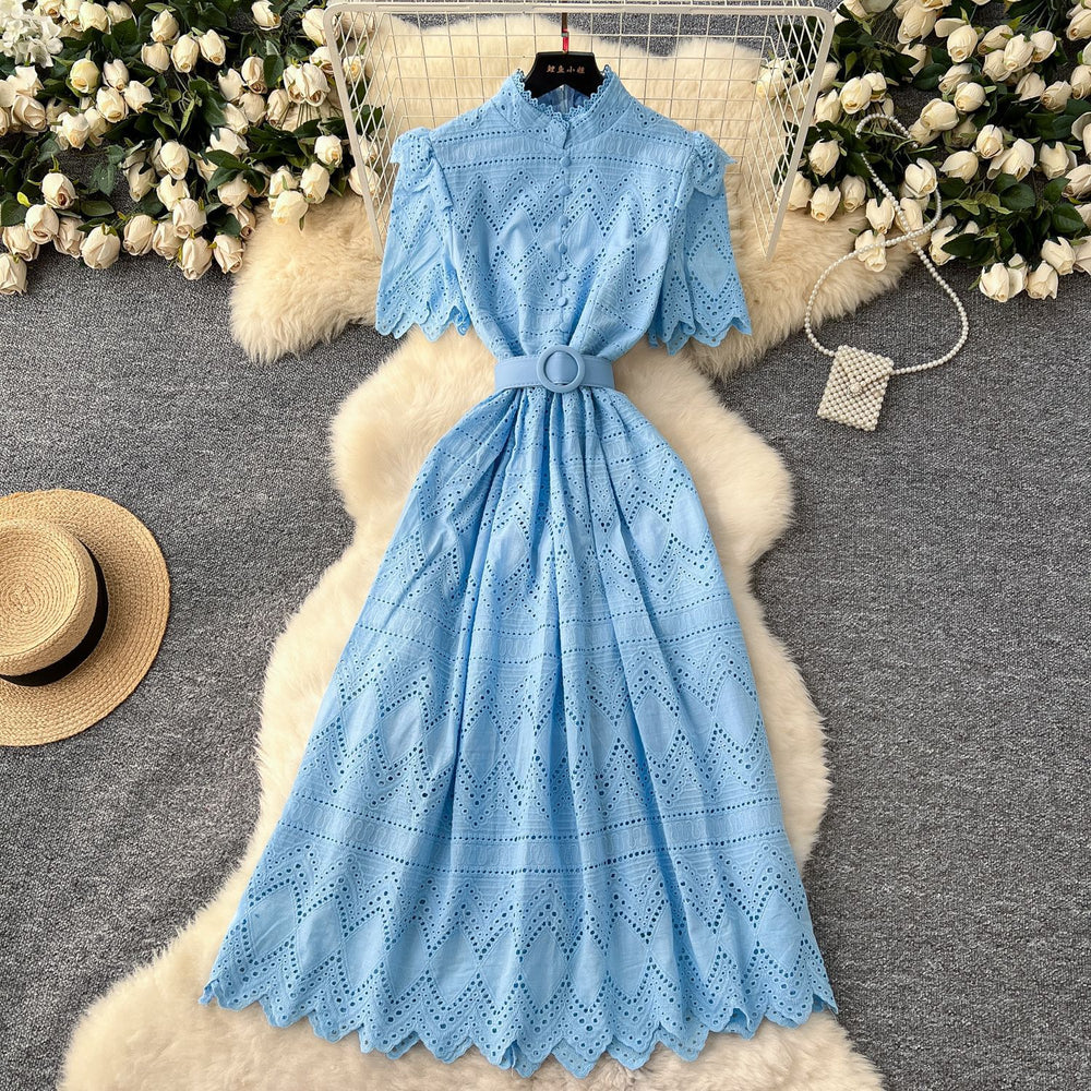 Elegant women's dress - summer : slim-fit, stand collar, short sleeve, openwork crochet embroidery, single-breasted long dress