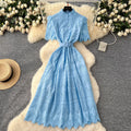 Elegant women's dress - summer : slim-fit, stand collar, short sleeve, openwork crochet embroidery, single-breasted long dress