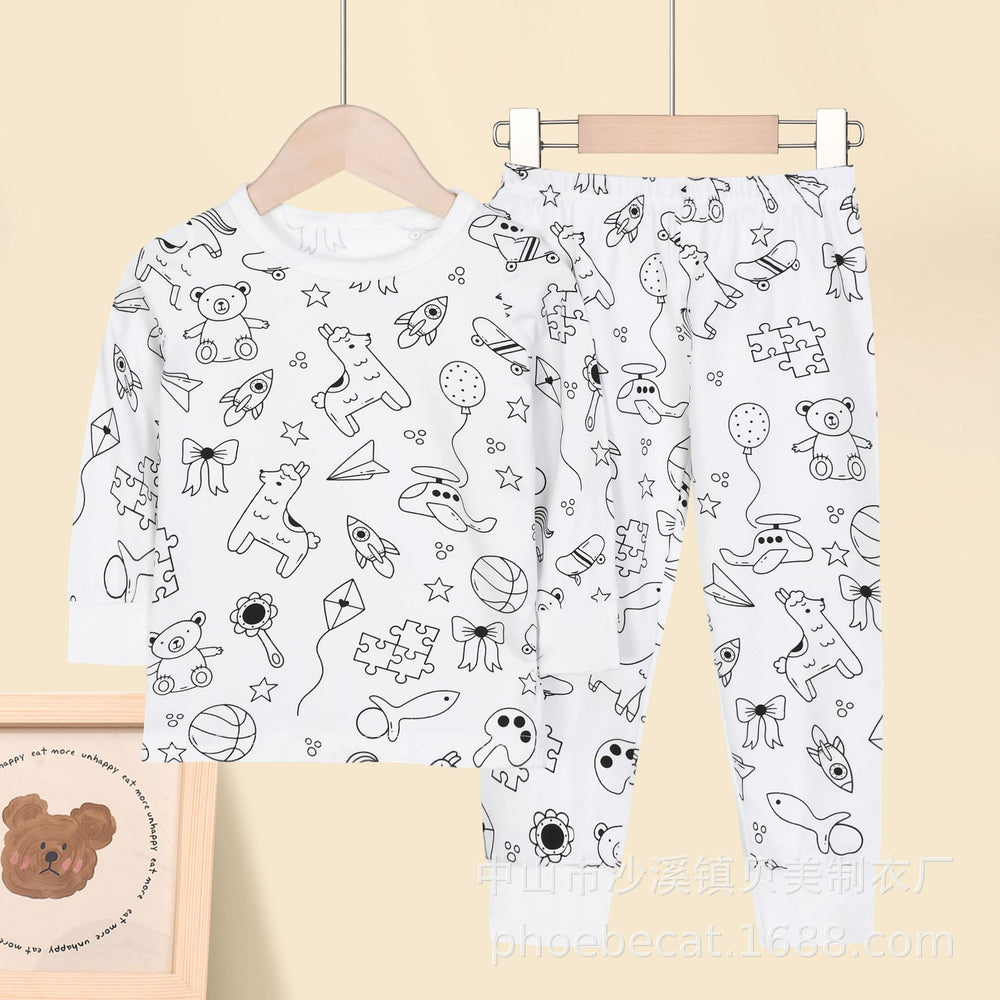 Class a cotton kids home wear suit boys and girls youth graffiti autumn clothes and long trousers close-fitting in stock wholesale