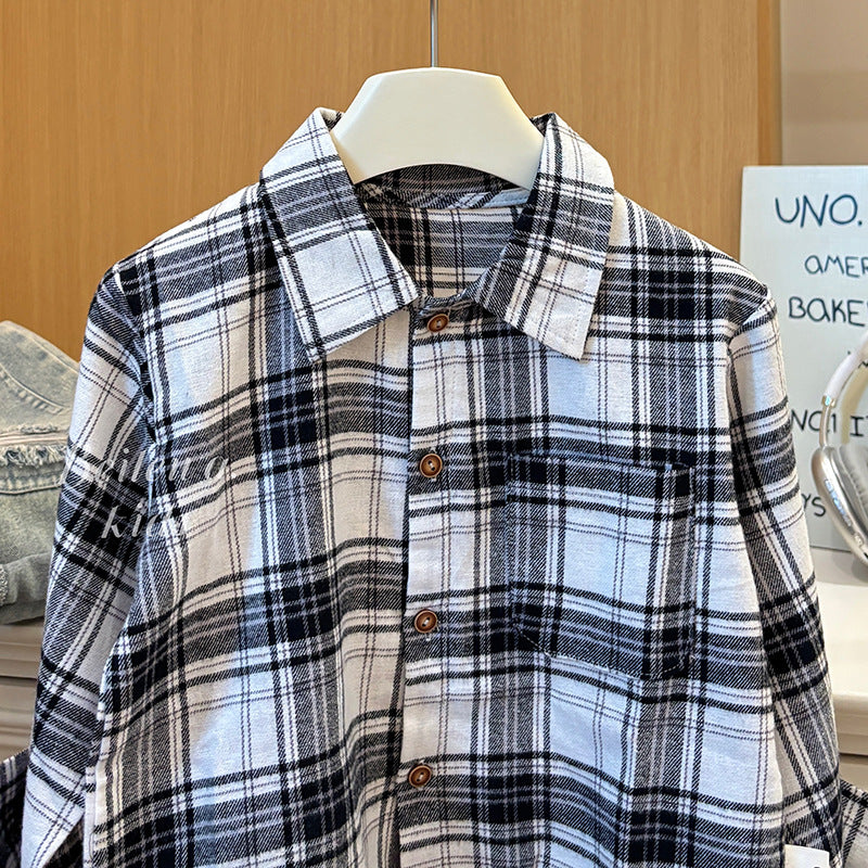 Kids' 100% cotton shirt - new autumn collection: korean style black and white plaid long sleeve shirt for boys - casual, versatile, and stylish top
