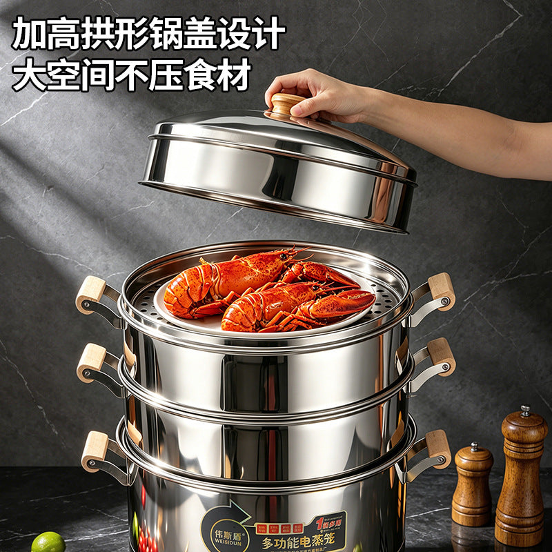 Electric steamer for home use - three-tier, multi-layer, large capacity stainless steel electric steamer - steaming and cooking all-in-one pot - commercial multi-function