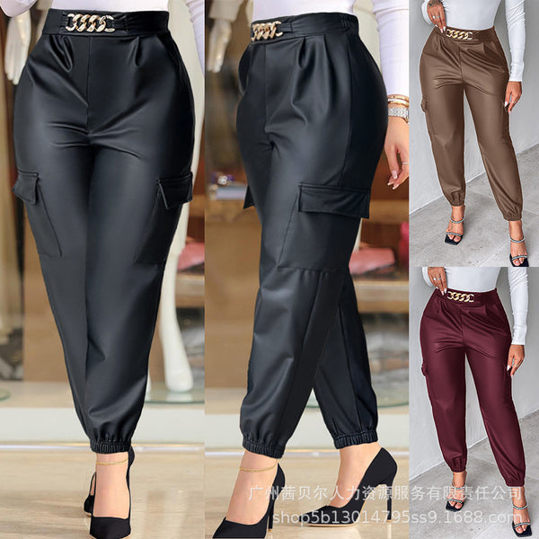 YWYM0002  European and American women's clothing black waist metal belt casual tooling leggings