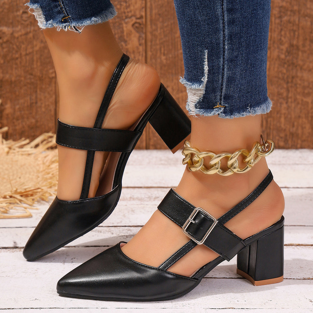 Shallow mouth thick heel high heel flats sandals women's summer 2026 new arrival k-style pointed toe one-word buckle strap roman shoes
