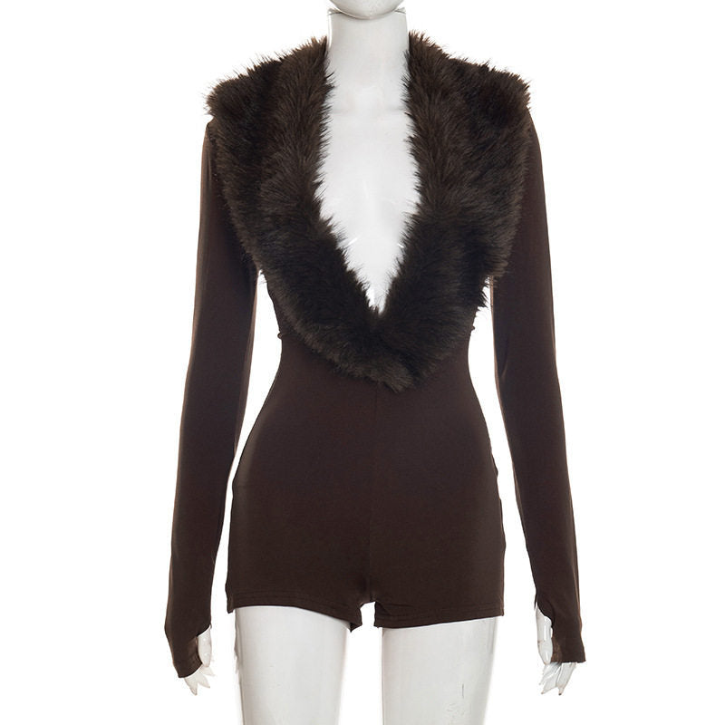 women's sexy nightclub style new arrivalpure colorsexy fur collar deep v long sleeves tight hip-covering one-piece shorts