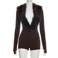 women's sexy nightclub style new arrivalpure colorsexy fur collar deep v long sleeves tight hip-covering one-piece shorts