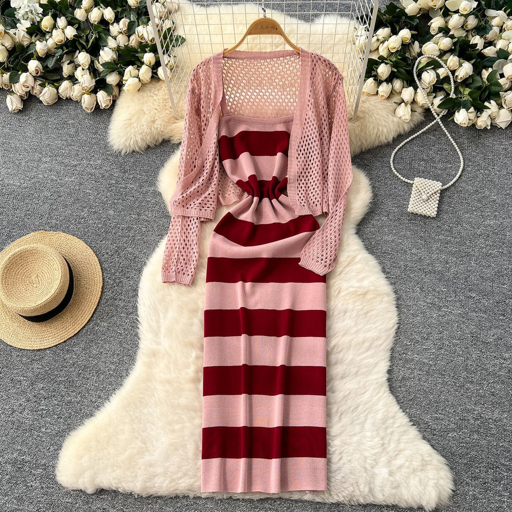Striped knit cami dress + crochet openwork sun protection cardigan set - chic & elegant summer outfit for women