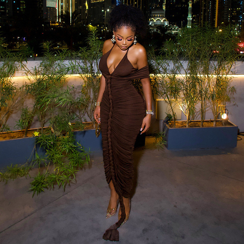 Fashion style insexport design fashion women's one-step pure color hip skirt halterneckv neck wrapped chest longdress