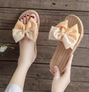 Bow-tie slides women's outdoor beach sandals 2024 summer new fashion plaid non-slip soft sole thong sandals