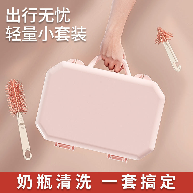 Portable bottle brush suit silicone bottle cleaning brush storage box travel size baby bottle cleaning brush