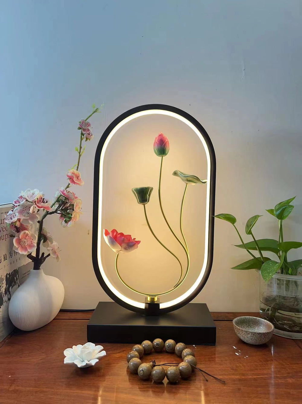 New chinoiserie table lamp bedroom bedside lamp zen ornaments wedding girl lotus creative gift home remote control lotus