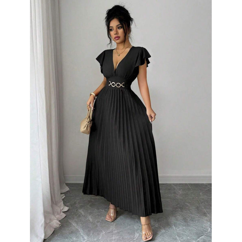 Amazon fashion  summer deep v neck ruffles sleeve pleated design waist elegantdress women