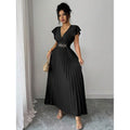 Amazon fashion  summer deep v neck ruffles sleeve pleated design waist elegantdress women