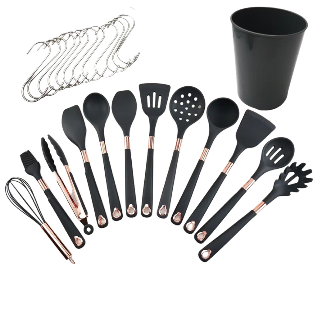 Cross-border silicone cooking spaghetti spoon scraper set Kitchenware rose gold handle large kitchen set high temperature resistance