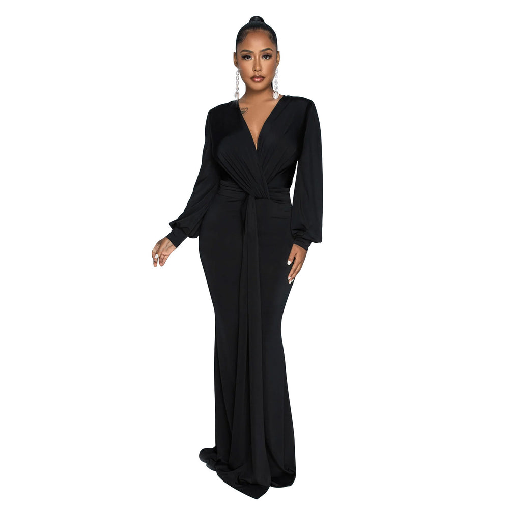 C6796 cross-border   fashion women's solid color sexy deep v ruched maxi dress