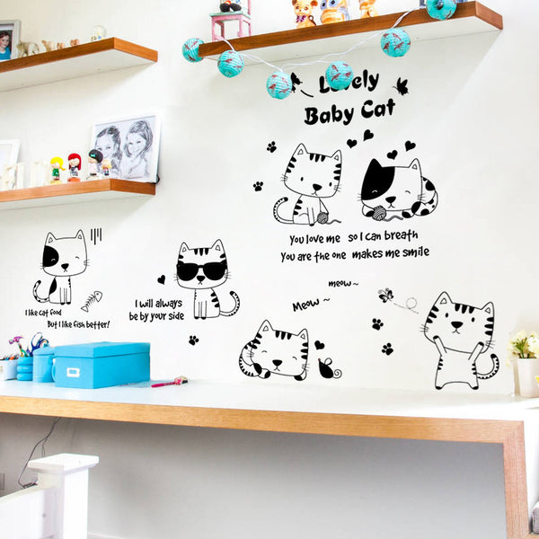 Creative cute fun black and white cat cartoon removable wall sticker bedroom living room background decorative sticker XL8367