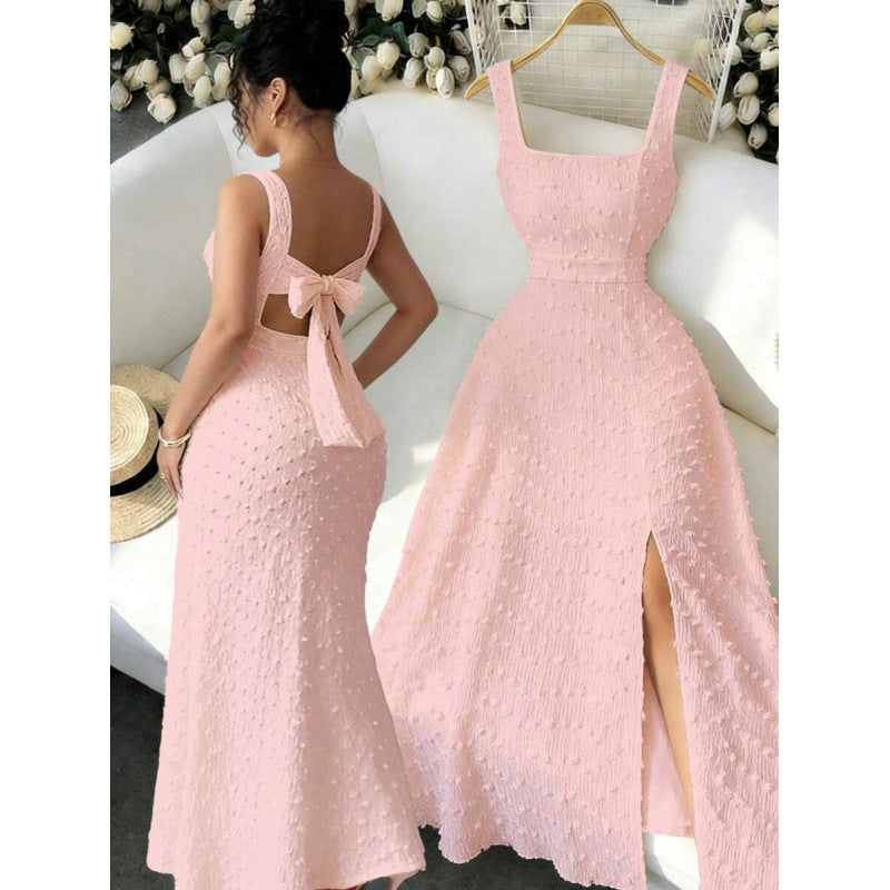 Amazon fashion  summer new arrival square neck sleeveless back bow tie strap sense dress
