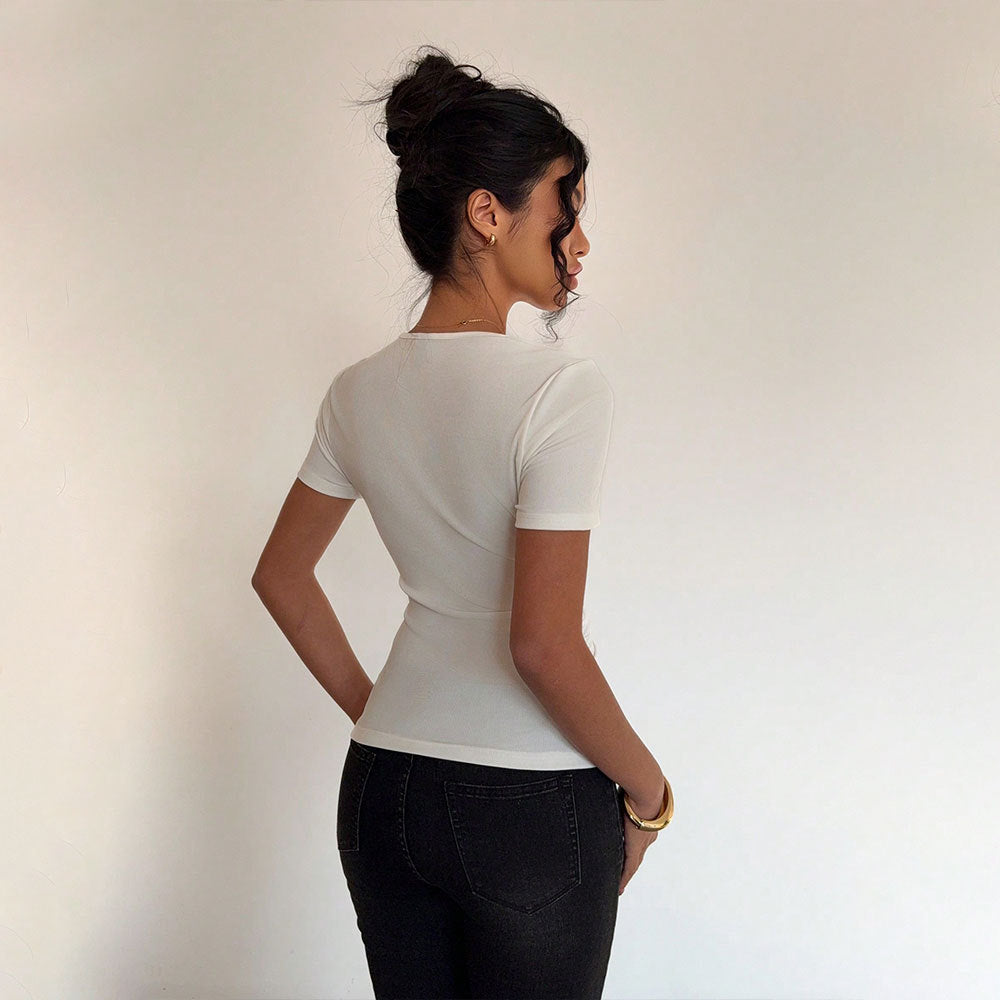 High-end, cool girl style t-shirt -  summer collection - tk  export women's slim-fit, waist-cinching, solid color short sleeve top