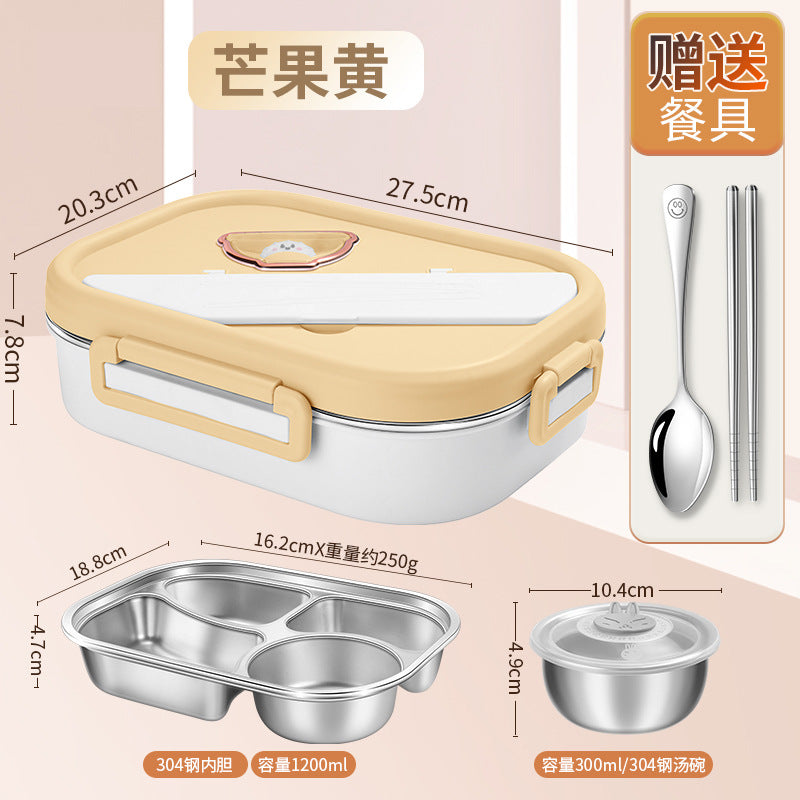 Food grade 304 stainless steel lunch box, large-capacity work portable grid lunch box, student cartoon dinner plate bento box