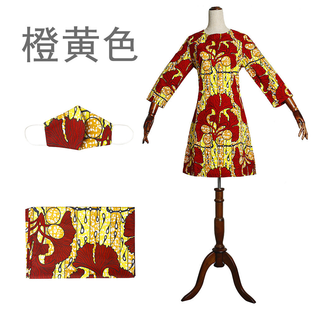 African women's fashion: european and american cross-border e-commerce,   new collection - wax print dress with matching headscarf and face mask