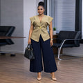 European and american cross-border women's clothing  summer new collection: african-style plus size elegant v-neck short sleeve top and pleated long pants set
