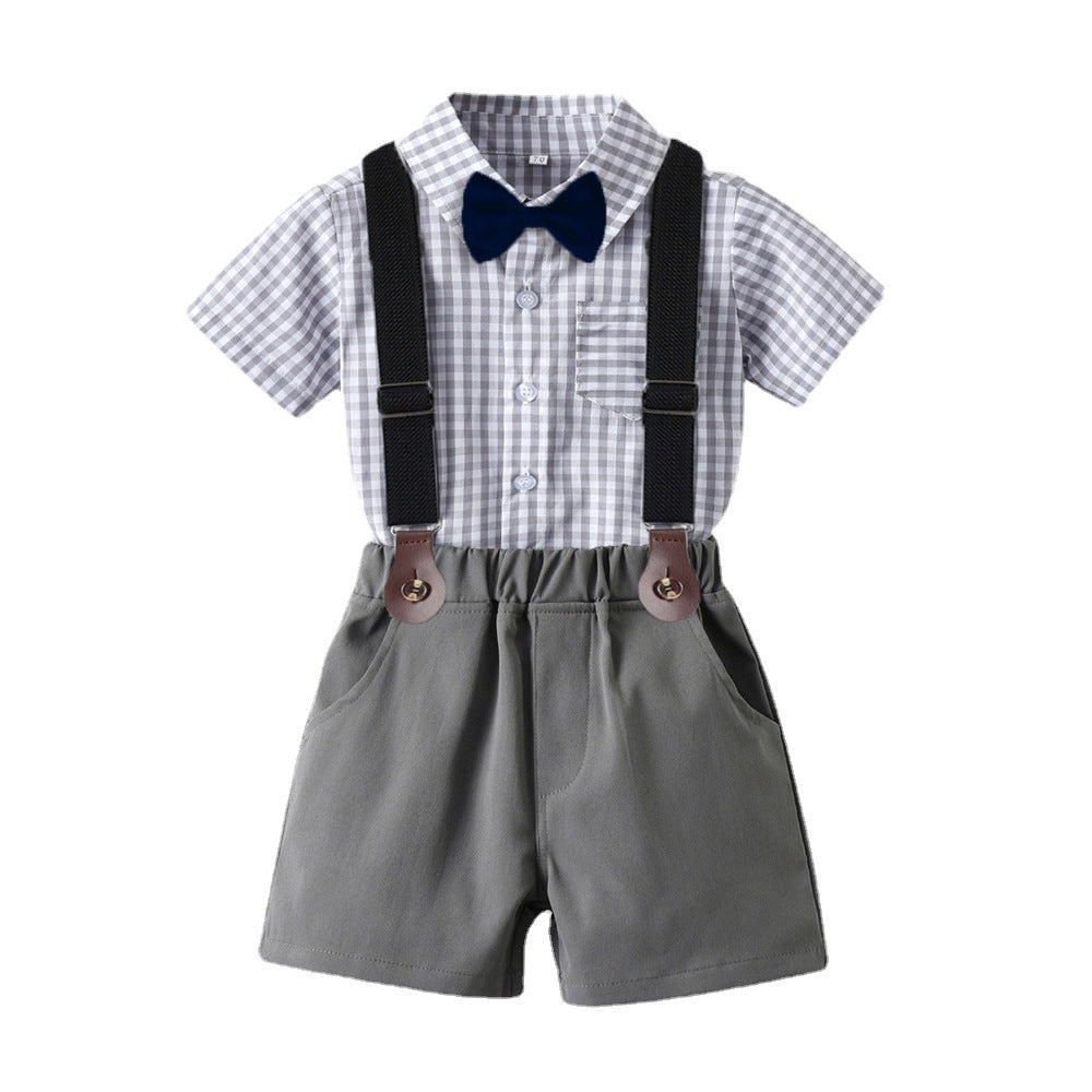 Kids' summer plaid shirt & overalls set - korean style boys' outfit - in stock & wholesale - gentleman's formal wear