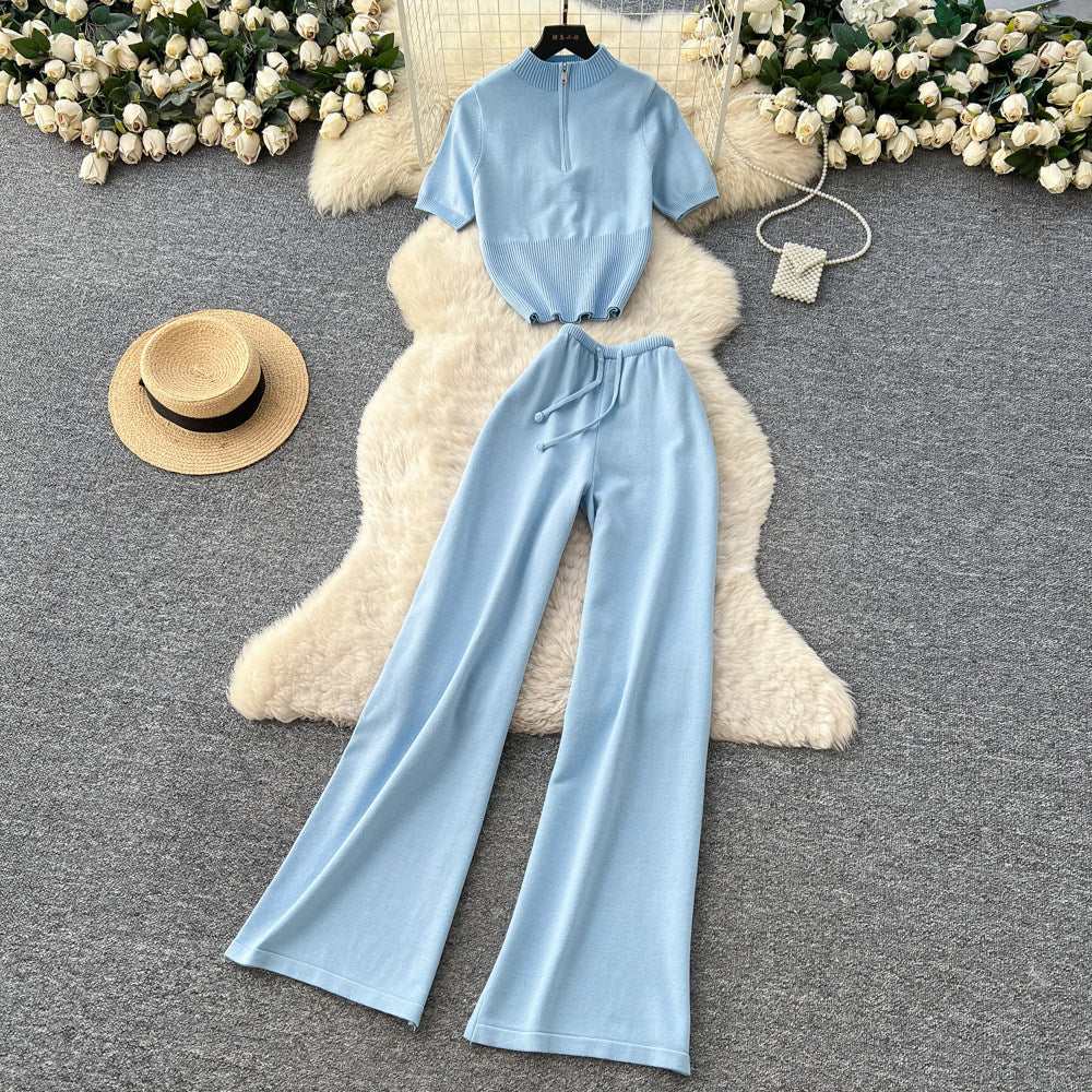 K-stylework clothing style silmtwo-piece set female summernew arrival short-sleeved tops slightly flared pants easiest for matchfashionhigh waistsuit