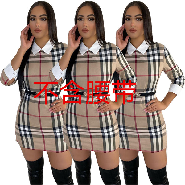 Y5215 autumn European and American new women's clothing fashion printed slim-fit mini dress (excluding belt)