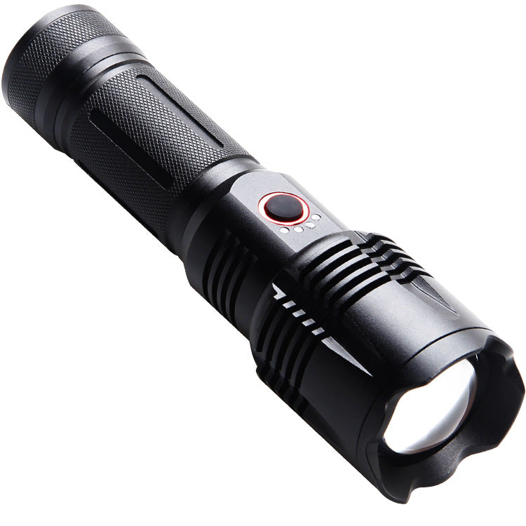 Cross-border new P70 strong light USB charging output, with power display LED telescopic zoom white laser flashlight