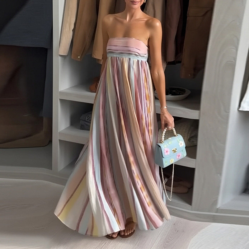 cross-border e-commerce women's fashion: european and american summer new arrivals - sexy bandeau printed colorful maxi dress/gown