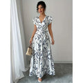listing: new  women's elegant printed v-neck belted dress