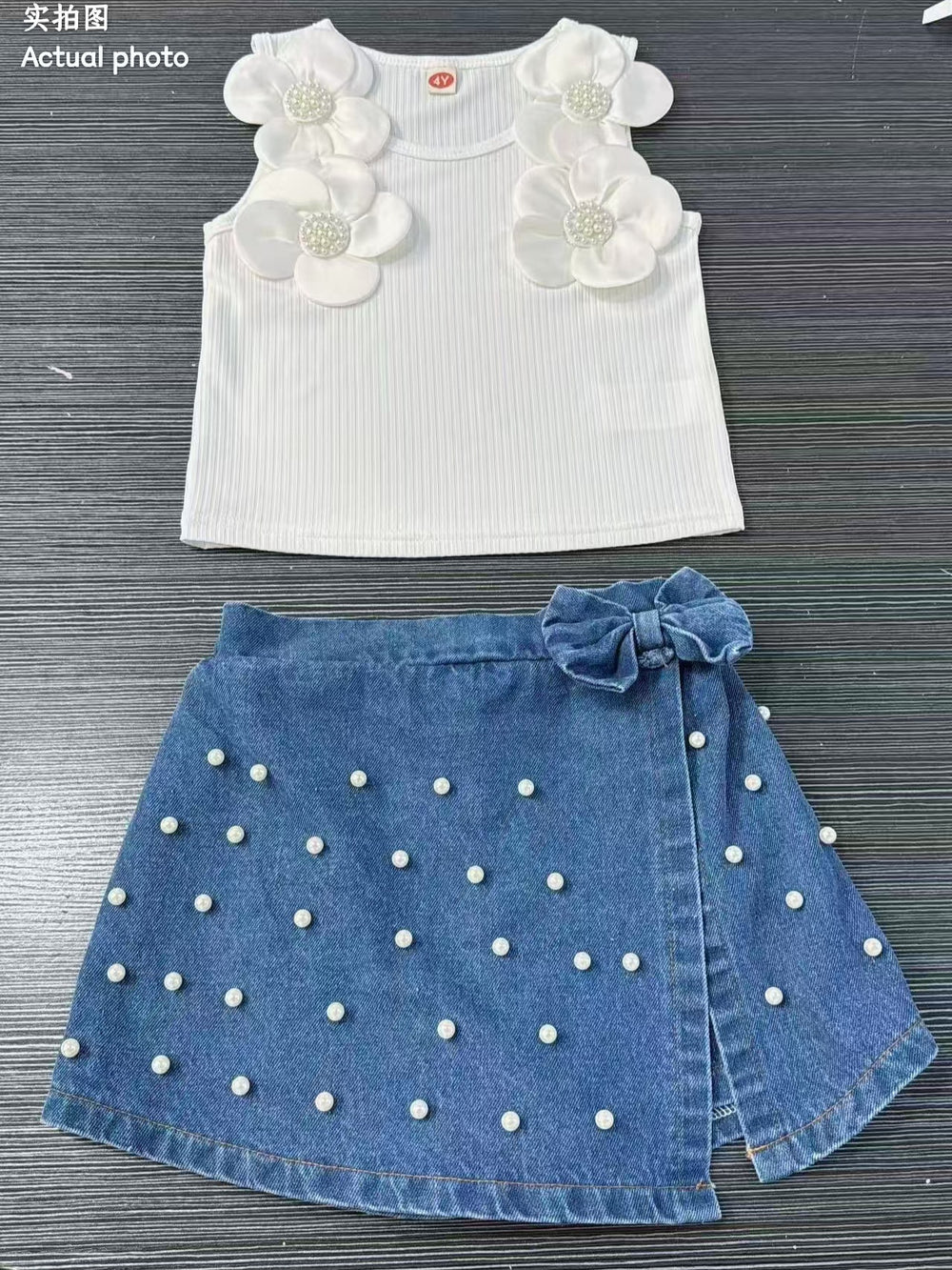 cross-border girls' fashion set: european & american style floral top + irregular bowknot beaded denim jeans
