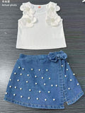 cross-border girls' fashion set: european & american style floral top + irregular bowknot beaded denim jeans