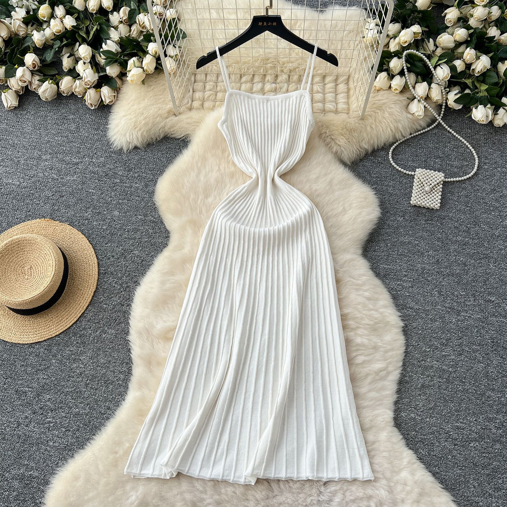 Women's summer dress  new arrival: elegant and chic spaghetti strap knit dress with vertical stripes - slimming, waist-defining, and perfect for layering