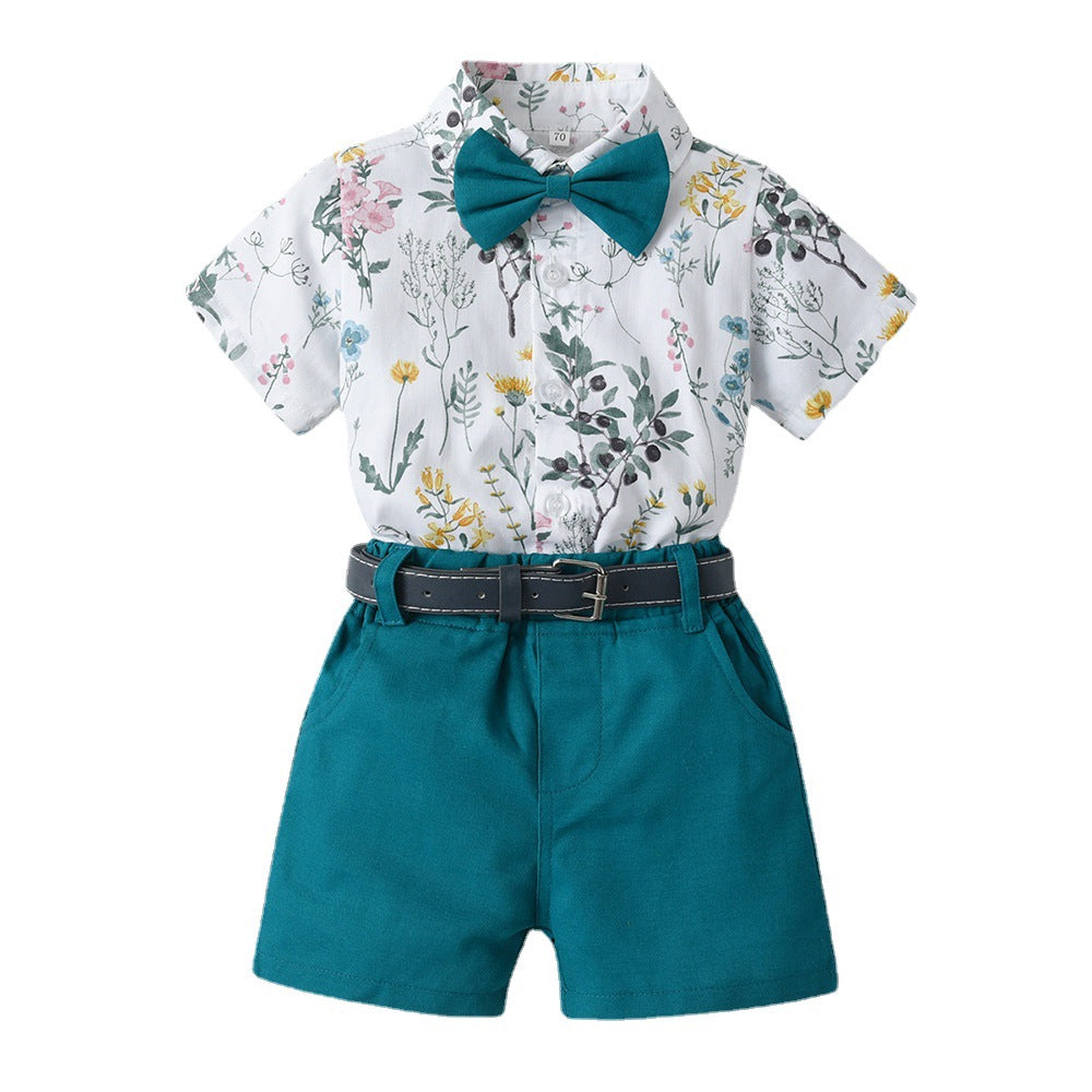 Boys' summer formal outfit set: printed short-sleeve shirt, perfect for little hosts, kindergarten performances, and special occasions