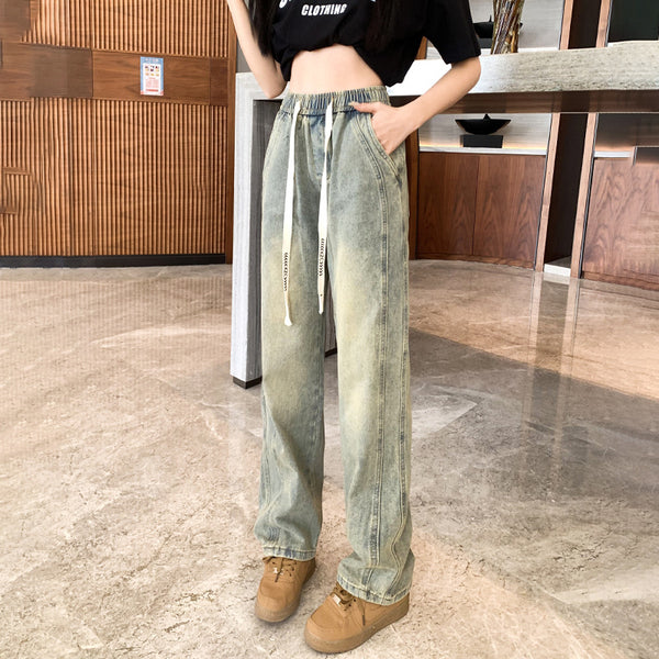 Foreign trade explosion retro jeans spring straight loose wide legs American high street yellow mud versatile casual trousers