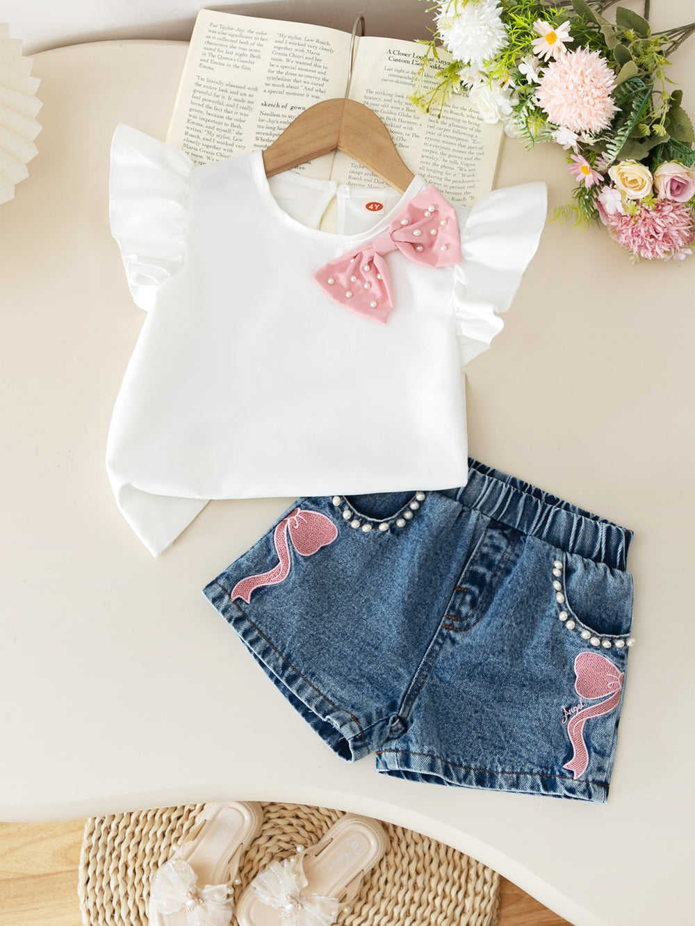 new arrival: girls' european & american style, elegant solid color flutter sleeve t-shirt with cute bow + denim shorts set