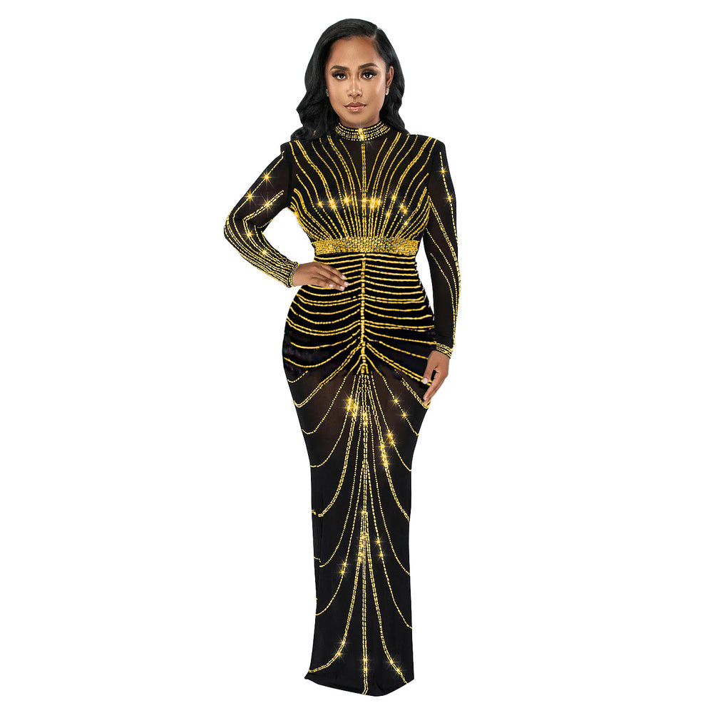C7141 cross-border   fashion women's sexy long sleeve back slit rhinestone dress new