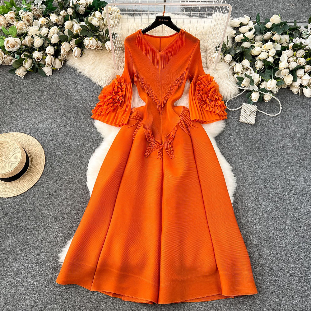 European court style women's dress - designer tassel v-neck slim fit maxi dress with miyake-inspired pleats and flared sleeves
