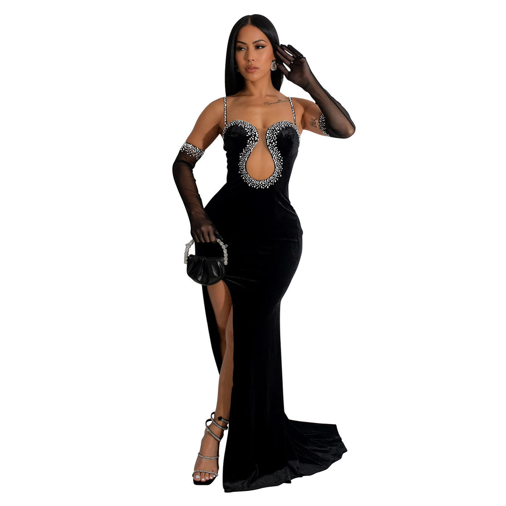 C6786 cross-border   fashion women's solid color sexy bandeau rhinestone embellished maxi dress