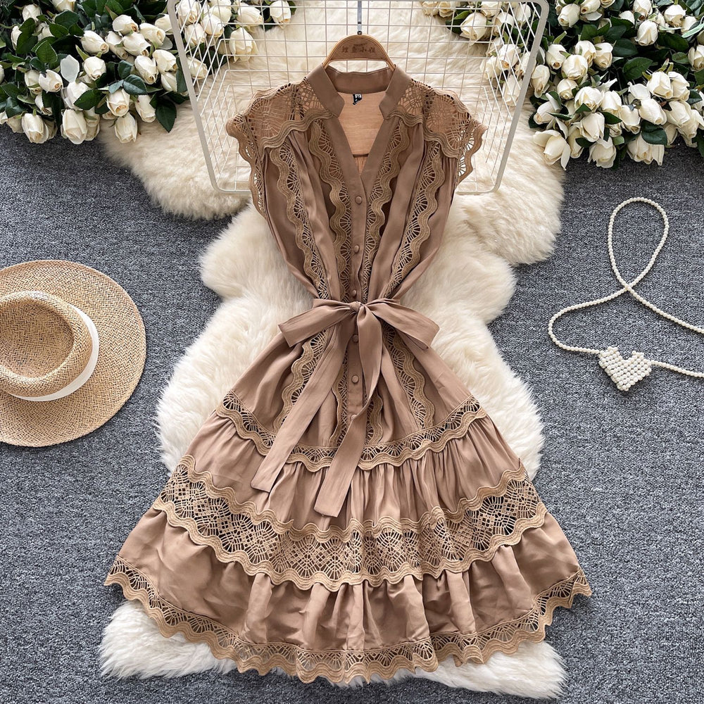 European and american light luxury sleeveless midi dress for women - summer mesh hollow-out crochet lace-up waist - sophisticated mid-length dress