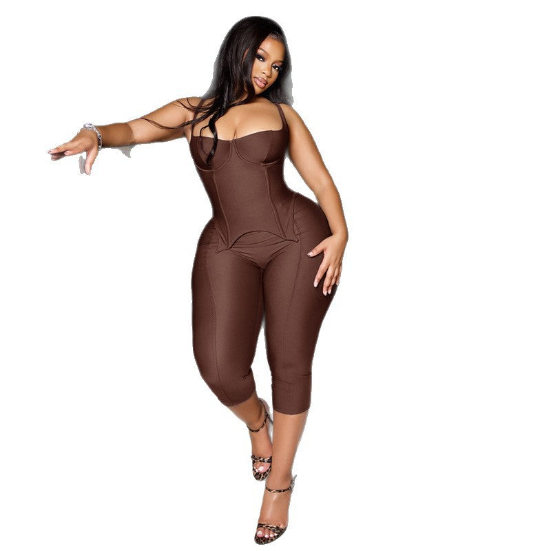 Fashion style cross-border pure color sports outing women's casual halter pants suit chest-wrapped sleeveless backless trendy two-piece set