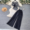 Light mature style stripestopshigh waistpleatedloose pants women's summerasymmetricalslimming lookeleganttwo-piece setwork clothing