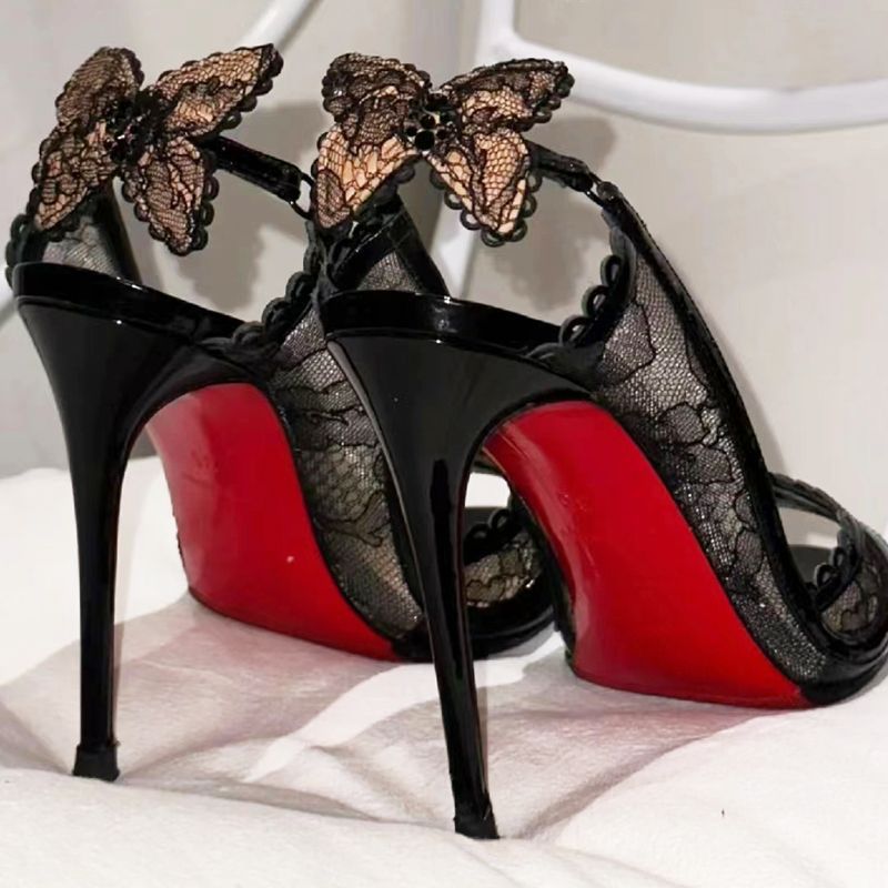 2026 new fish mouth patent leather lace bow red sole high heels stiletto heel hollow-out french style women's summer pumps