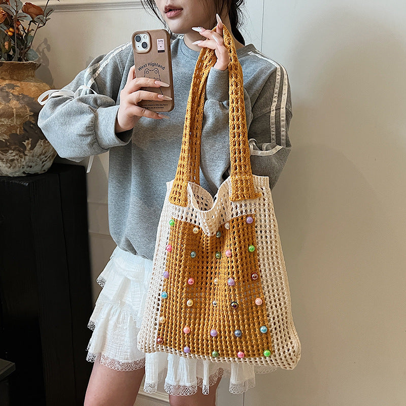 Knitted dopamine bag for women, 2026 spring new fashion shoulder bag, underarm bag, student handbag, large capacity tote bag