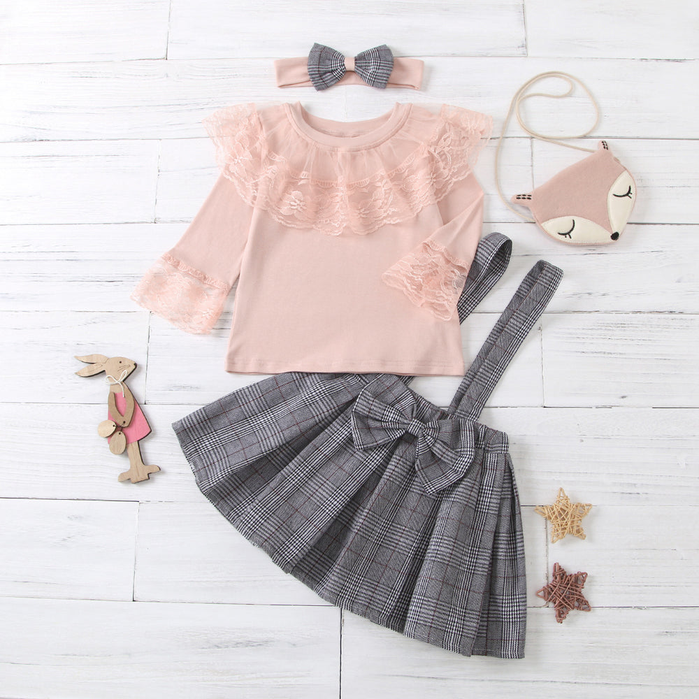 new children's clothing, boys and girls, european and american style plaid suspender bowknot lace-trimmed culottes, sibling matching set
