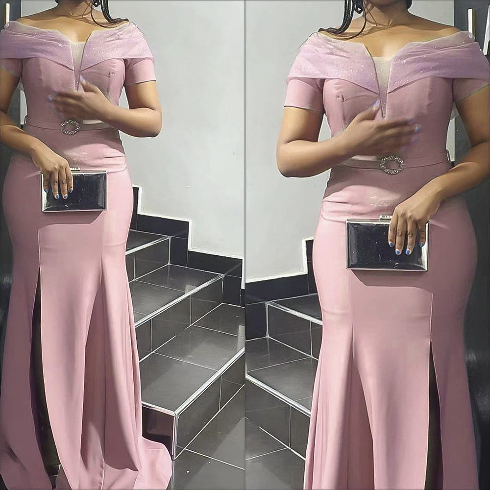 African foreign trade   women's plus size mesh off-the-shoulder ol commute sexy slit dress