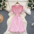 Xiaoxiangfengclassy waist pearl breasted silm short-sleeved knittingdress female frenchslimming looksweater skirt