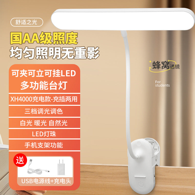 Clip-on desk lamp study light for kids, college students, and dorms - rechargeable eye-care lamp for study and bedside use