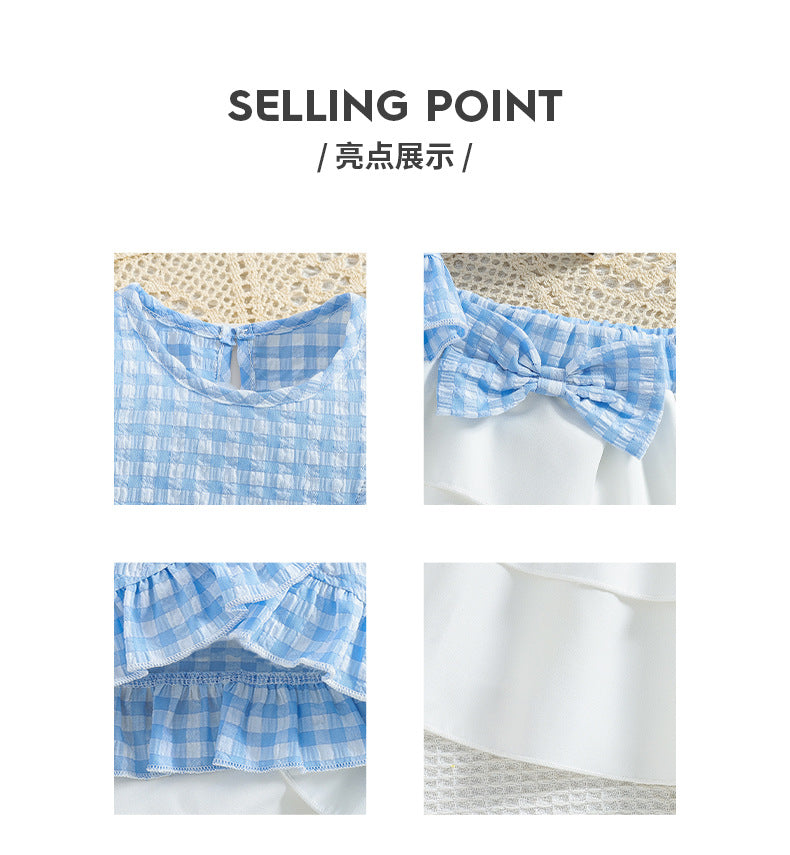 summer girls' skirt set: blue and white plaid sleeveless ruffle top with white tiered skirt - two-piece outfit for kids